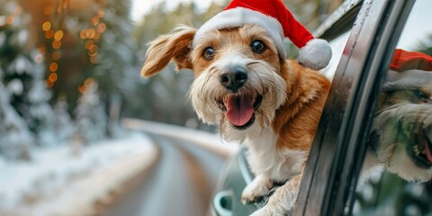 Cute dog wearing a Santa Claus hat leaning out of the car window on winter road decorated with Christmas trees, Generative AI 