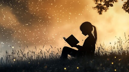 Wall Mural - silhouette of a girl reading a book at dusk with fireflies in the grass.