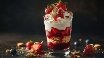 A glass of berry dessert that includes whipped cream, biscuits, and fresh strawberries. Vegan lactose-free dessert made with coconut milk instead of milk. Recipe for berry trifle cake or cheesecake,