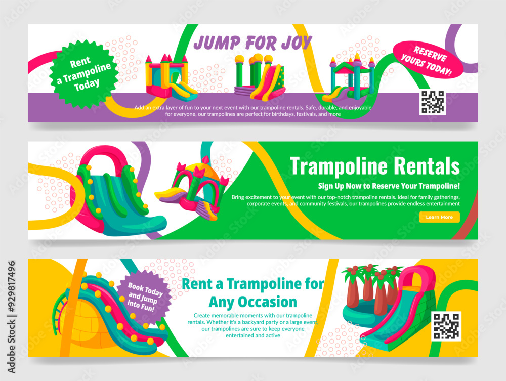 Trampoline rent jump joy advertising banner design template set ...