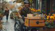 © Warakorn - Delivery staff using a cargo bike to deliver packages, with a happy customer receiving the goods, captured in high-resolution and detail.