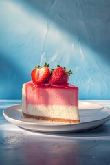 Closeup of a strawberry cheesecake slice with fresh strawberries on top, captured on a ceramic plate against a blue background.