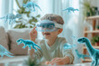 © carolina - A vibrant image of children in a living room interacting with futuristic, holographic dinosaurs. Perfect for showcasing modern technology, playful imagination, and family entertainment in a digital, i