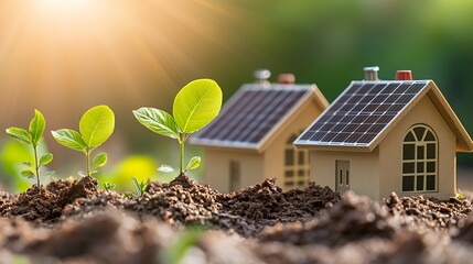 Two miniature houses with solar panels on their roofs are placed in a garden with green shoots growing up from the ground. The sun shines brightly in the background, illuminating the scene.