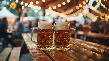 Two mugs of beer on a wooden table with festive lights in the background.