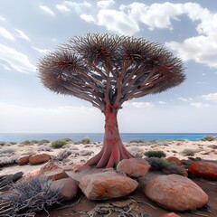 Sticker - socotra-island-dragons-blood-tree-that-looks-like-a-big-umbrella-and-is-red-on-the-rocks