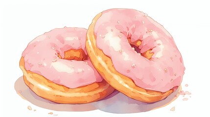 Two pink frosted donuts with sprinkles on a white background.