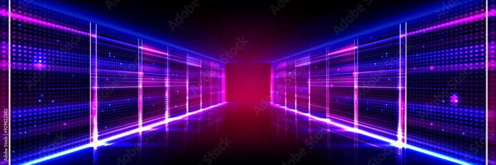 Abstract data center room with bright neon blue and pink light glowing ...