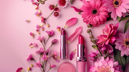 Beautiful flowers with lipstick and cosmetics on a pink background