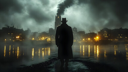 Poster - A mysterious figure stands by a foggy waterfront at night.