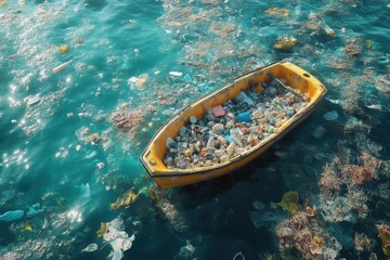 Wall Mural - A small yellow boat filled with debris floats on polluted water, showcasing the severe impact of plastic waste on marine environments