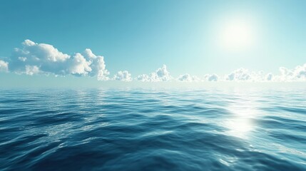 Canvas Print - Serene view of a calm ocean under a bright blue sky, with soft clouds and sunlight reflecting on the water's surface