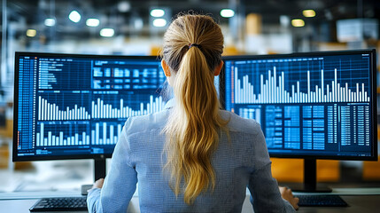 Canvas Print - A person analyzing data on dual monitors in a modern workspace.