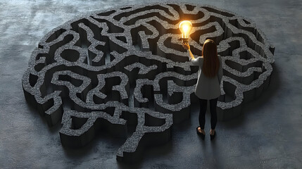 Wall Mural - A person holding a light bulb stands near a maze-shaped brain.