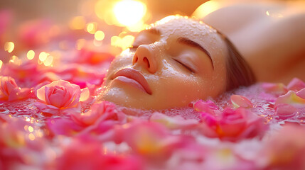 Poster - A serene bath scene with a woman surrounded by rose petals.