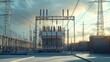 © P.G - Wide shot of a high-voltage electric transformer surrounded by power lines and substations, highlighting its importance in electrical networks