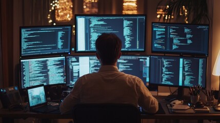 A computer programmer writing code on multiple screens, immersed in the world of software development and innovation