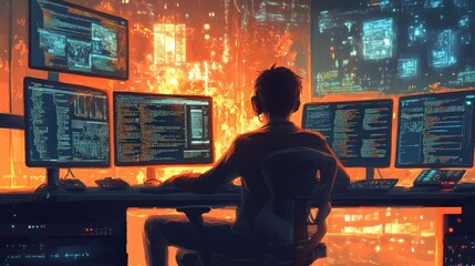 A computer programmer writing code on multiple screens, immersed in the world of software development and innovation