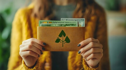 Woman s Hands Holding a Yellow Wallet With Green Leaf Design and Money Inside