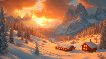 Sticker - A serene winter landscape at sunset with snow-covered cabins.