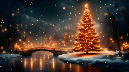 Canvas Print - A serene winter scene featuring a beautifully lit Christmas tree.