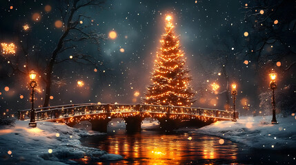 Canvas Print - A serene winter scene featuring a decorated Christmas tree by a bridge.