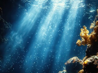 ethereal underwater seascape bathed in soft blue sunlight with translucent marine life and shimmering particles floating through beams of light piercing the depths