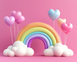 Vibrant 3D illustration of a rainbow with fluffy clouds and heart-shaped balloons on a pink background, representing joy and positivity.