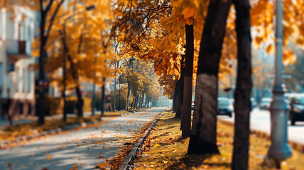 Wall Mural - autumn urban background, blurred backdrop, view of the city in october
