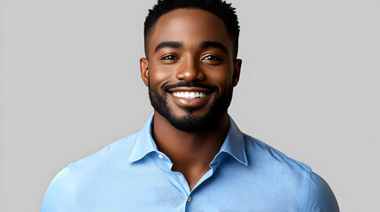 Poster - A smiling man in a light blue shirt against a neutral background.