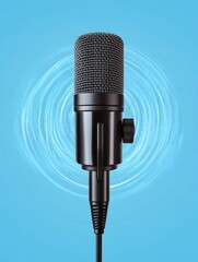 Wall Mural - Black microphone on blue background