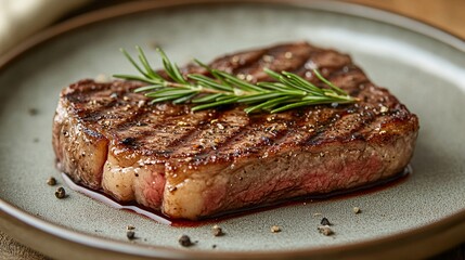 Wall Mural - Rustic plate featuring an elegant ribeye steak with a rosemary garnish, highlighting a sophisticated dining experience.