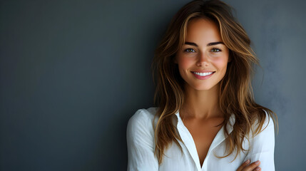 Canvas Print - A smiling woman with long hair in a casual white shirt.