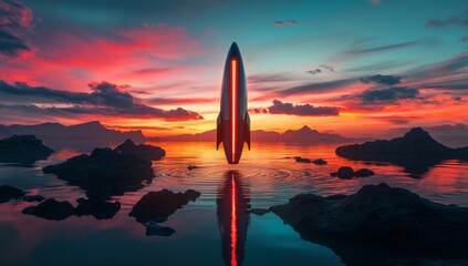 Wall Mural - Futuristic rocket spaceship launch. Fantasy universe cosmos planet, future science and technology, galaxy shuttle innovation, astronomy exploration