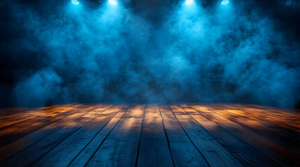 A stage with dramatic lighting and fog effects for performances.