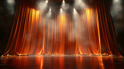 Wall Mural - A theater stage with orange curtains and dramatic lighting.