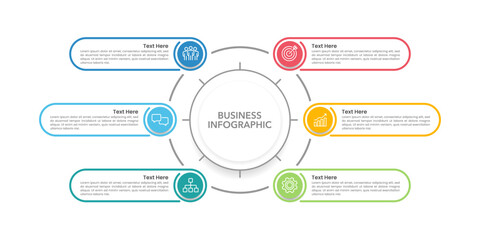6 process or option infographics. Infographic circle line design template Business presentation, Organization, Workflow, System, Framework, Planning and Strategy. Vector illustration.