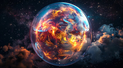 Wall Mural - 3d spectacular cosmic cloud explosion within transparent sphere with black background. nebula and st