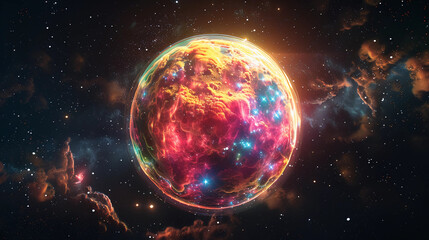 Wall Mural - 3d spectacular cosmic cloud explosion within transparent sphere with black background. nebula and st