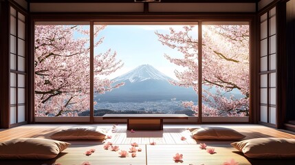 Wall Mural - Serene Japanese Room with Mount Fuji View and Blooming Cherry Blossoms Wallpaper