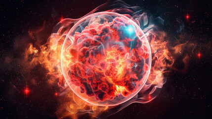 Wall Mural - 3d spectacular cosmic cloud explosion within transparent sphere with black background. nebula and st
