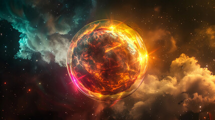 Wall Mural - 3d spectacular cosmic cloud explosion within transparent sphere with black background. nebula and st