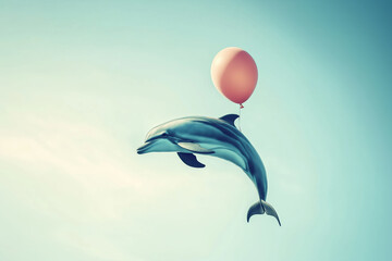 Wall Mural - A dolphin is flying in the air with a red balloon