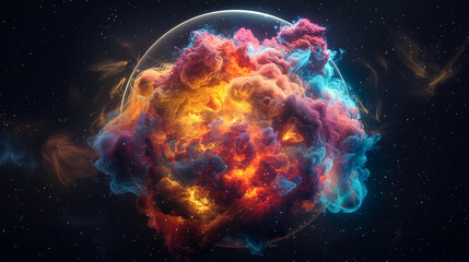 Wall Mural - 3d spectacular cosmic cloud explosion within transparent sphere with black background. nebula and st