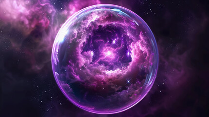 Wall Mural - 3d spectacular cosmic cloud explosion within transparent sphere with black background. nebula and st