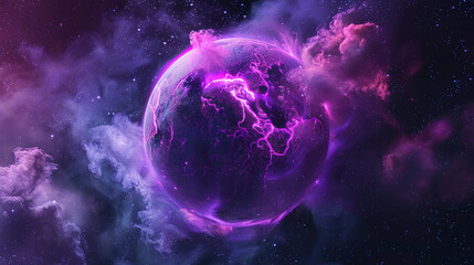 Poster - 3D Spectacular cosmic cloud explosion within transparent sphere with black background. Nebula and stars in space concept with purple neon. Abstract wallpaper and creative design, AI Generative.