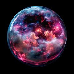 Wall Mural - 3d spectacular cosmic cloud explosion within transparent sphere with black background. nebula and st