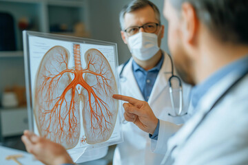 Cardiologist pointing at arteries and veins in a lung model during a routine checkup