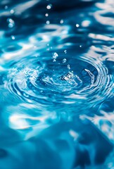 A close up of a blue water surface with a drop of water in it