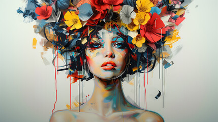 Wall Mural - Collage of pretty woman with colourful paper collage hair on light background. Modern contemporary artwork